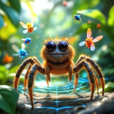 The primary subject of the image is a spider with a smiling face, surrounded by a forest of trees. The setting is a lush green forest, with a variety of colorful insects flying around the spider. The visual style is a digital art or illustration, creating a whimsical and playful atmosphere. The colors are predominantly green, with the spider being brown, and the insects being a mix of colors, adding to the vibrant and lively scene.